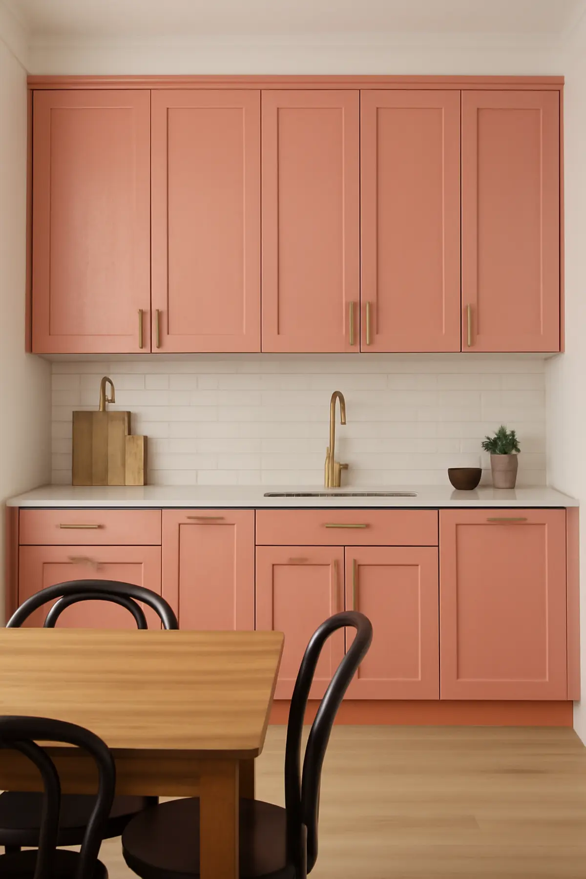 کابینت نئوکلاسیک روکش چوب صورتی با دستگیره استیل و صفحه کابینت سفید