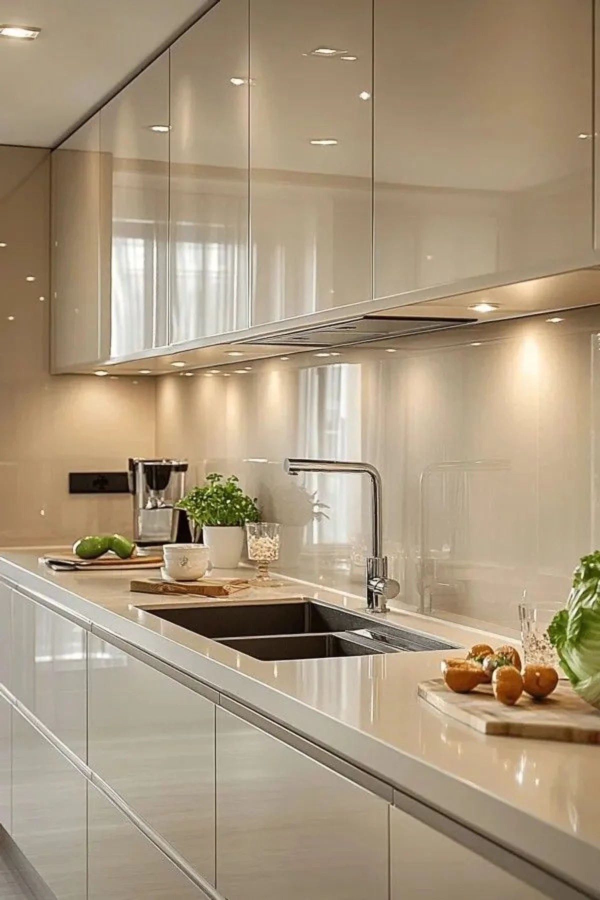 کابینت هایگلاس شیری با نور پردازی زیر یونیتهای دیواری و کشو در یونیتهای زمینی و شیرآلات نقرهای