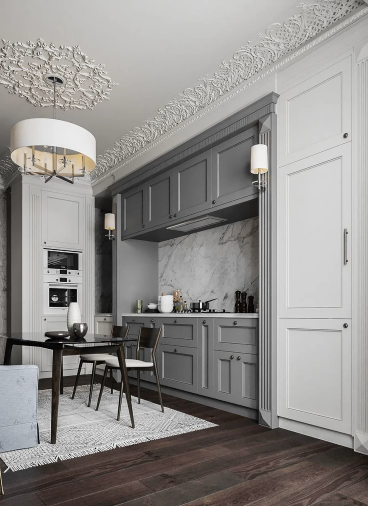 کابینت نئوکلاسیک طوسی و کابینتهای سفید بر دیوار مجاور و فر توکار اجرا شده داخل کابینت سفید