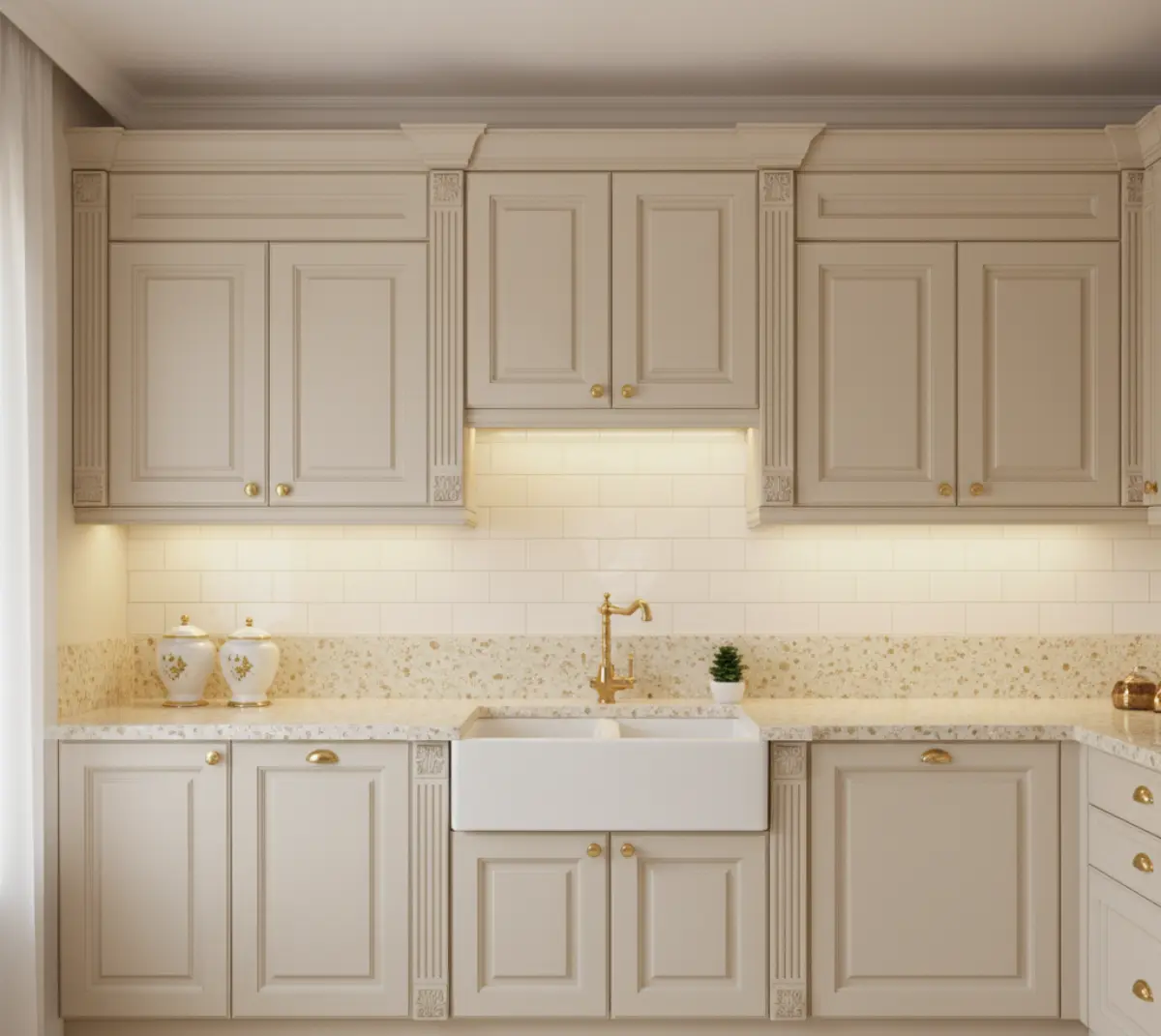 کابینت کلاسیک کرم با دستگیره طلایی با صفحه کابینت و بینکابینتی کرم شنی