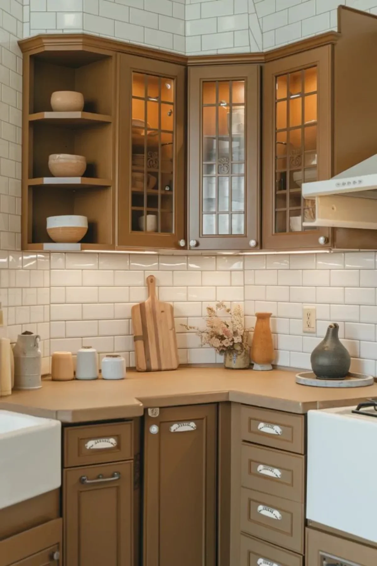 صفحه کابینت سه سانتی کرمی با کابینت نئوکلاسیک قهوهای و دربهای دکوراتیو