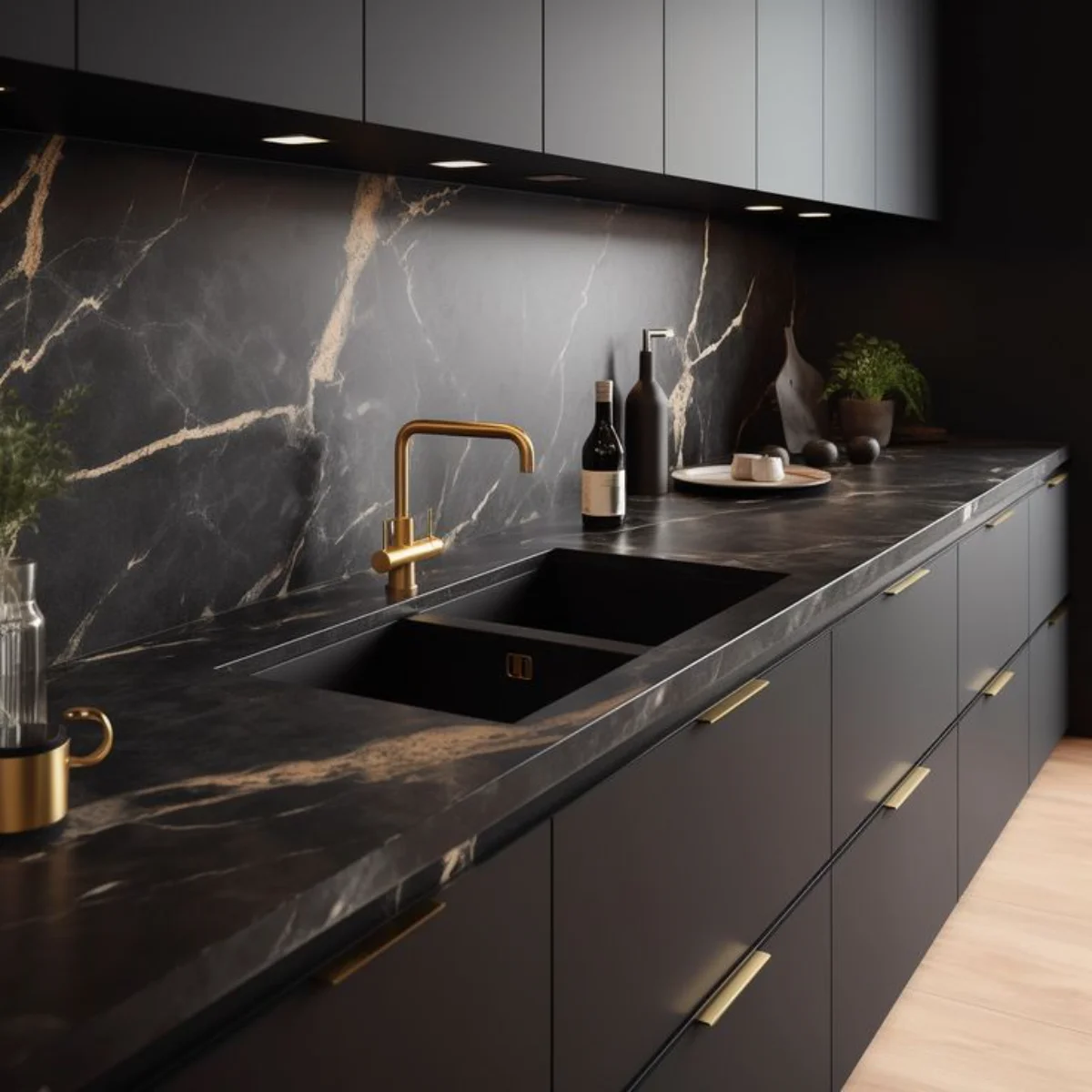 صفحه کابینت سه سانتی و صفحه بین کابینتی مشکی با رگههای طلایی رنگ و کابینت مدرن مشکی