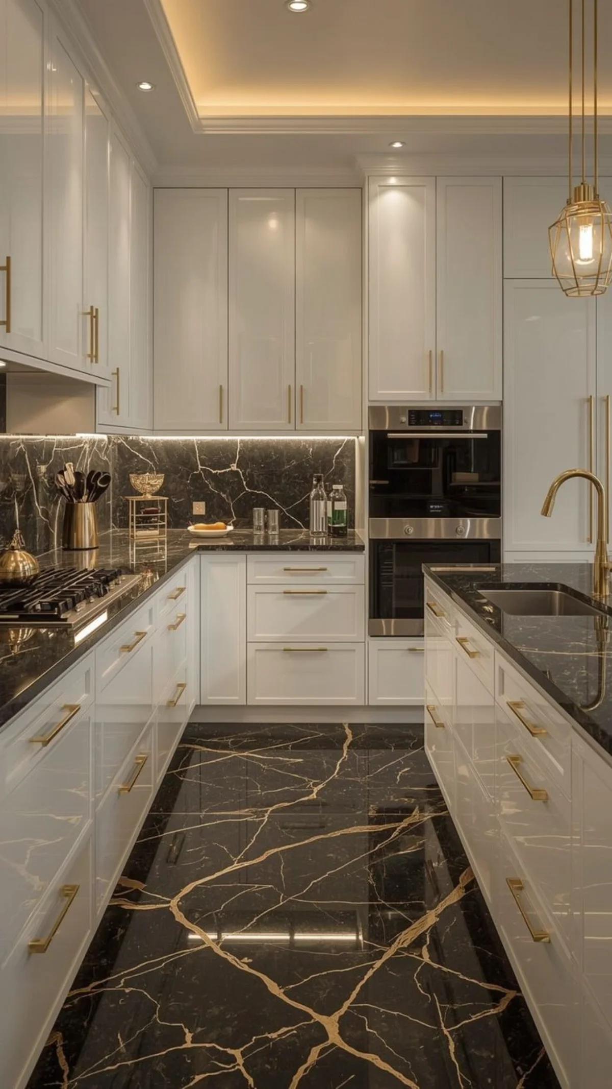صفحه کابینت و کف پوش مشکی طرح سنگ با رگههای طلایی و کابینت نئوکلاسیک براق سفید