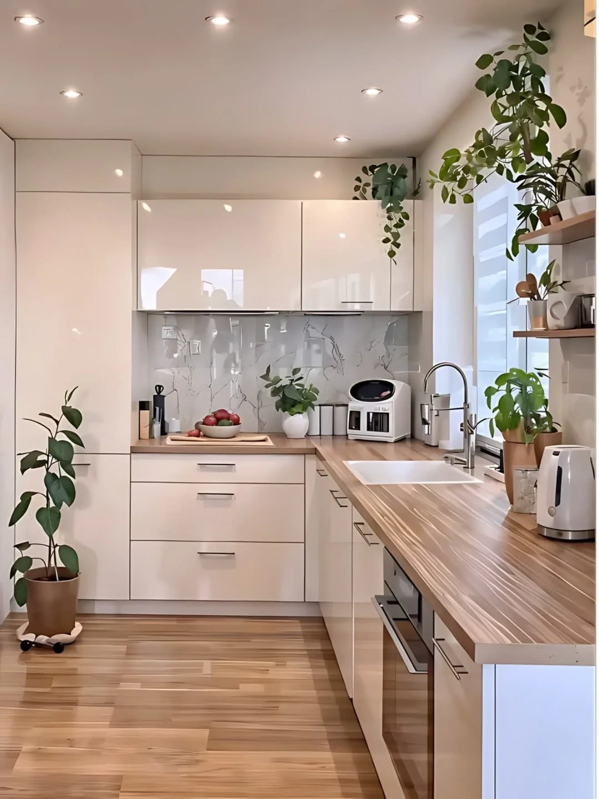 صفحه کابینت سه سانتی طرح چوب قهوهای با کابینت مدرن سفید براق و کف پوش طرح چوب