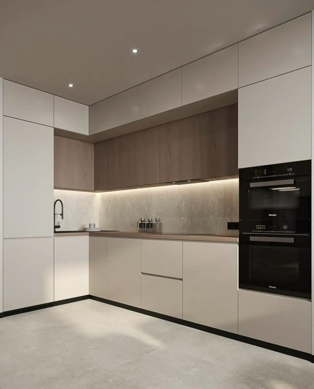 بینکابینتی رنگ روشن با کابینت سفید مات بدون دستگیر