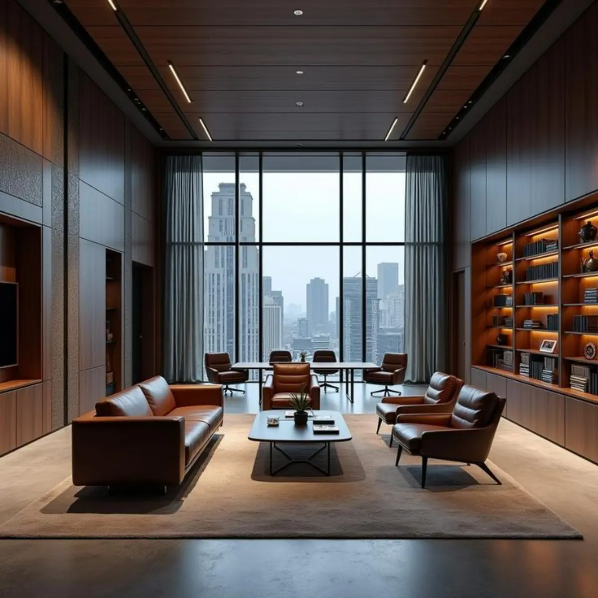 دکوراسیون اداری با صندلی چرمی، کتابخانه چوبی با نورپردازی و فرش قهوهای