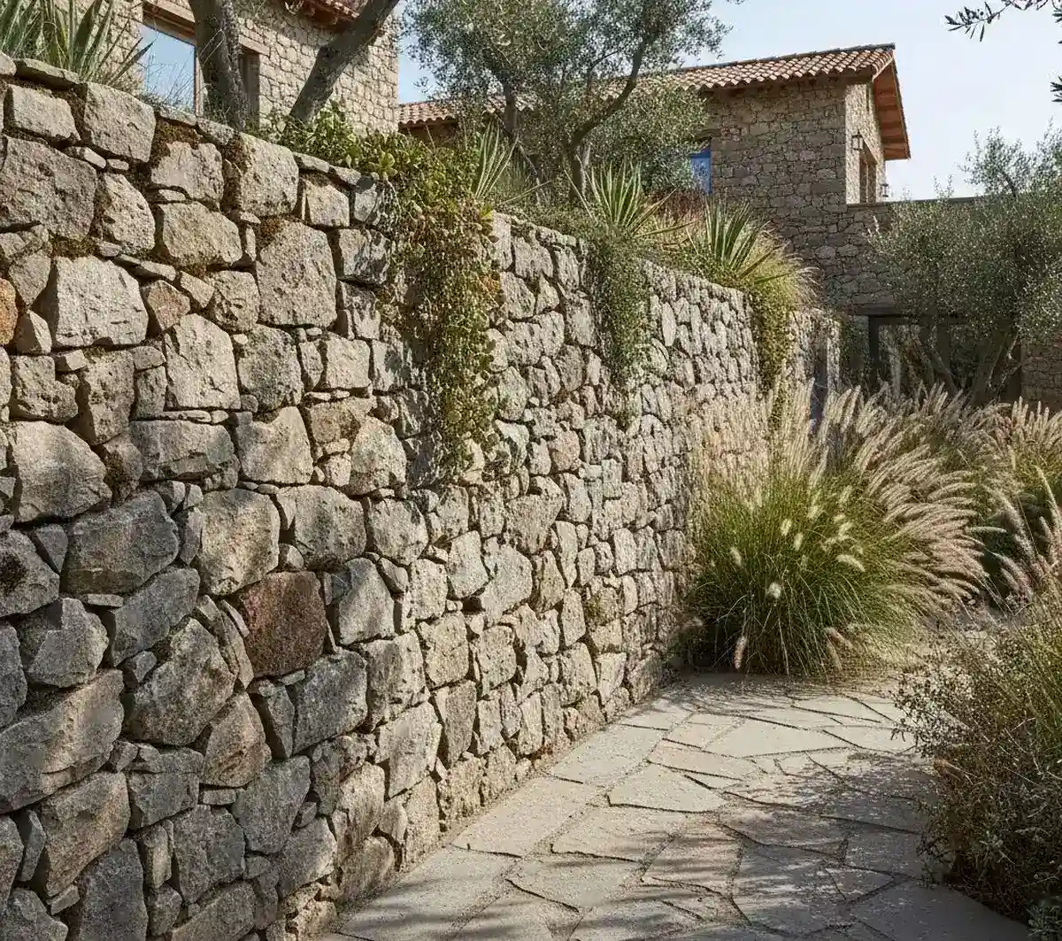 دیوار خانه روستایی ساخته شده با سنگ لاشه کرم رنگ