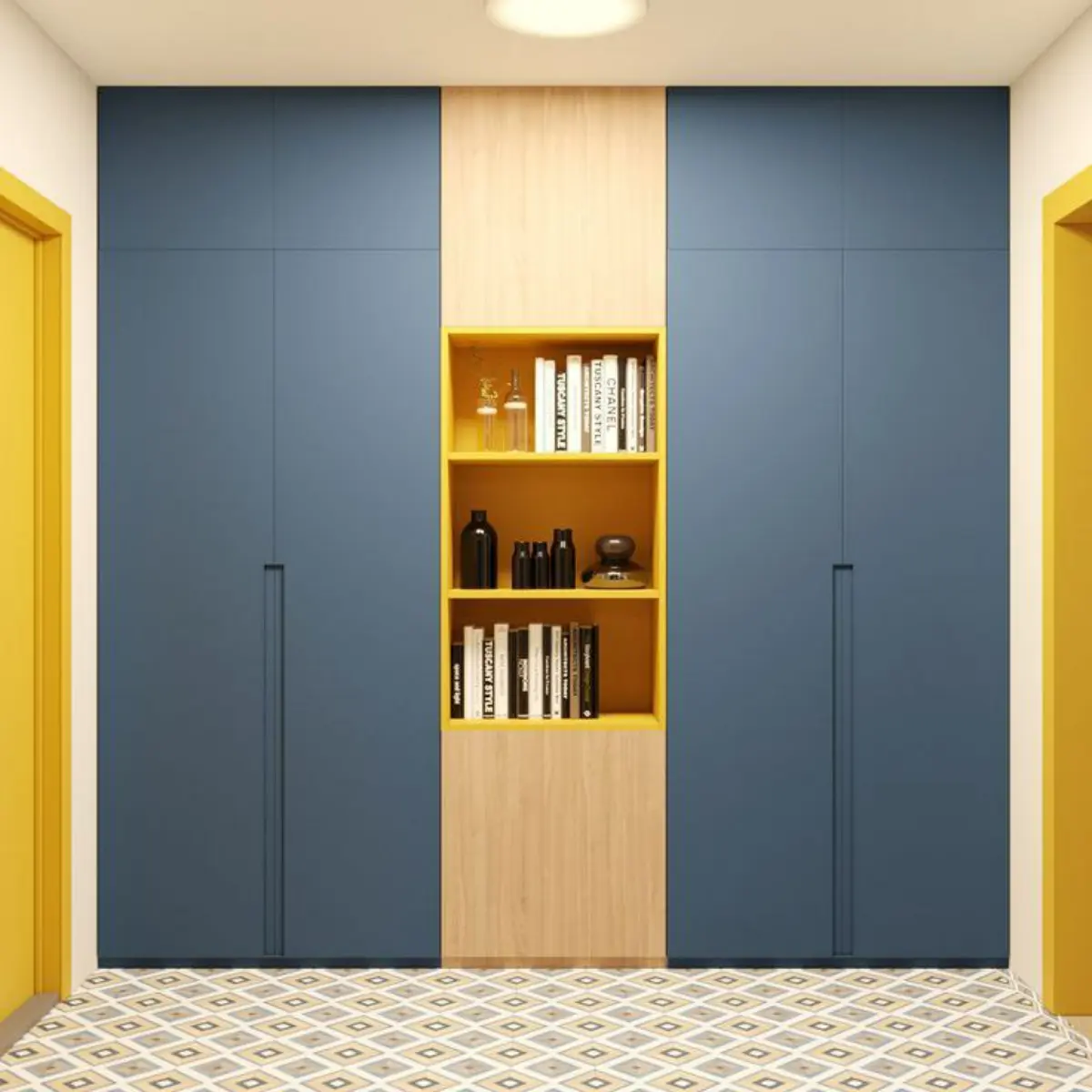 کمد دیواری آبی و کتابخانه چوبی مدرن