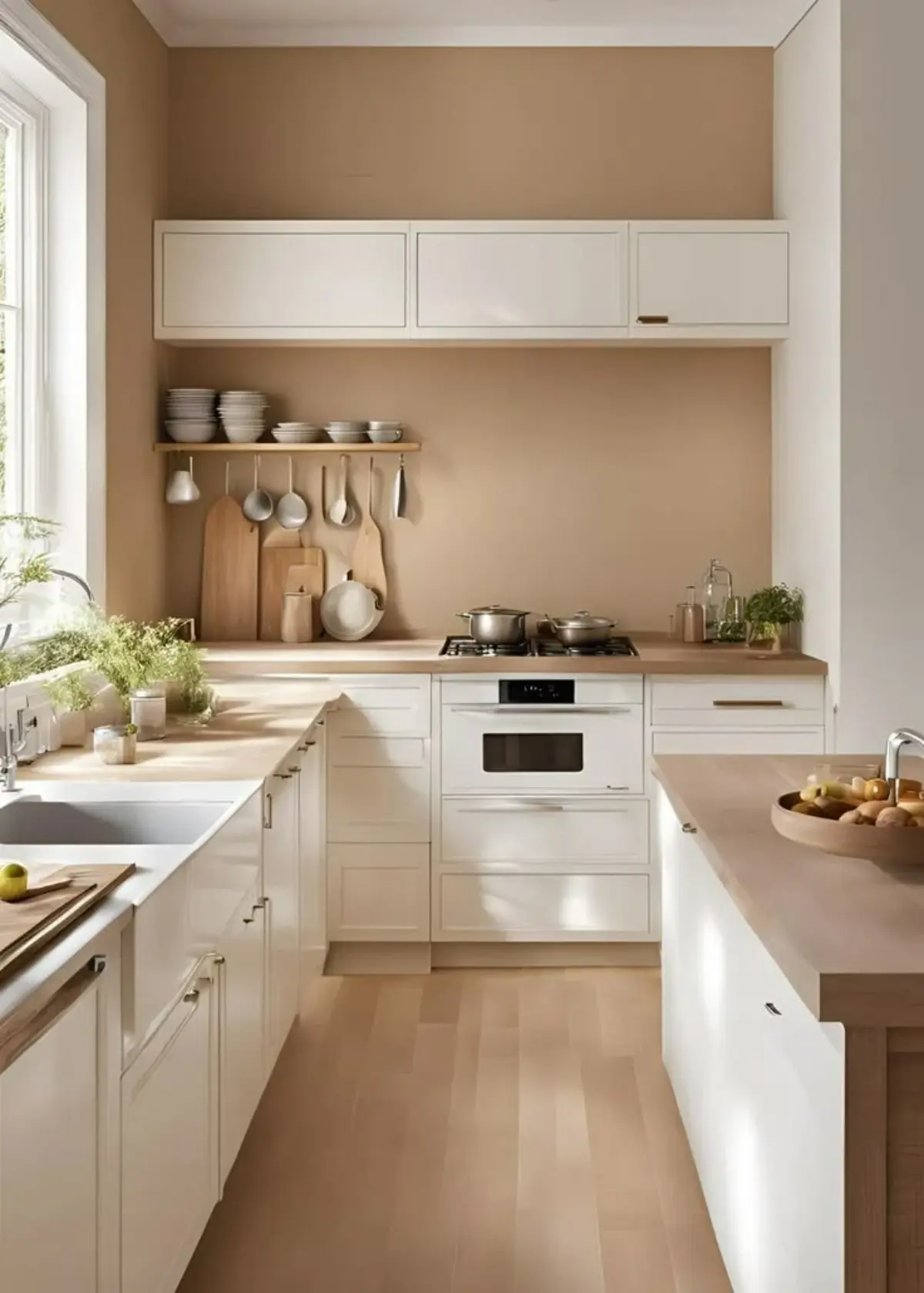 آشپزخانه دیوار کرم و کابینتهای نئوکلاسیک سفید