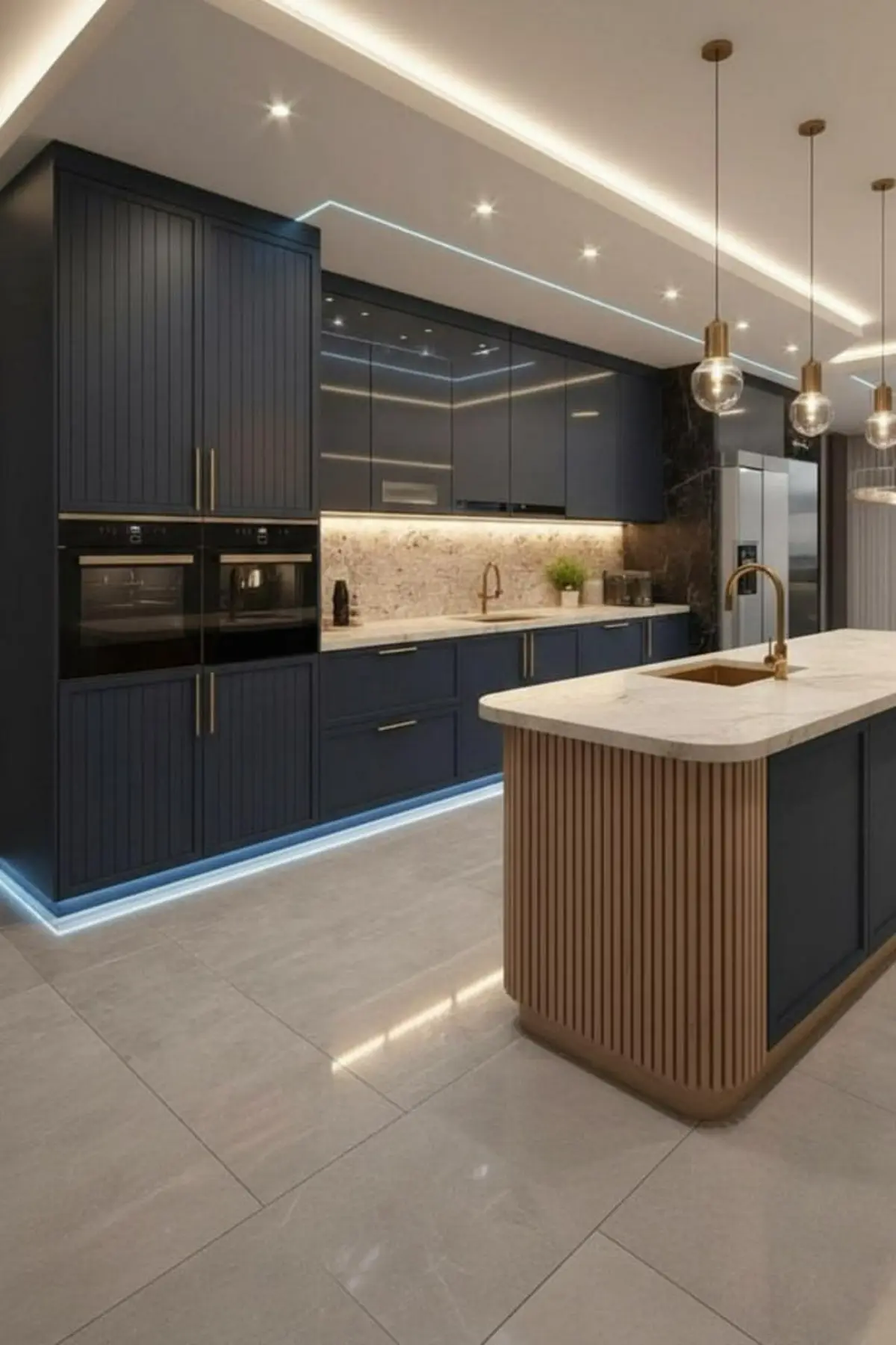کابینت آبی هایگلاس مدرن با ترکیب کابینت نئوکلاسیک آبی و جزیره شیاردار قهوهای