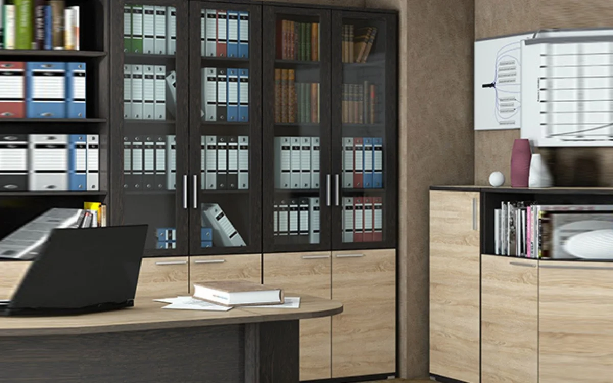 کابینت اداری چوبی با درب شیشهای و حاشیه مشکی با فضای نگهداری اسناد