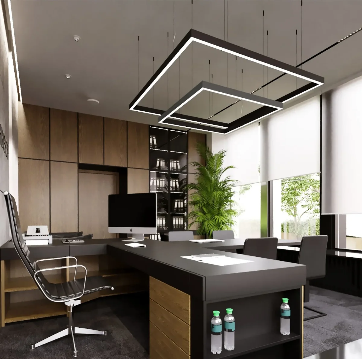 اتاقکار با دکوراسیون چوبی و مشکی و کابینتهای اداری چوبی