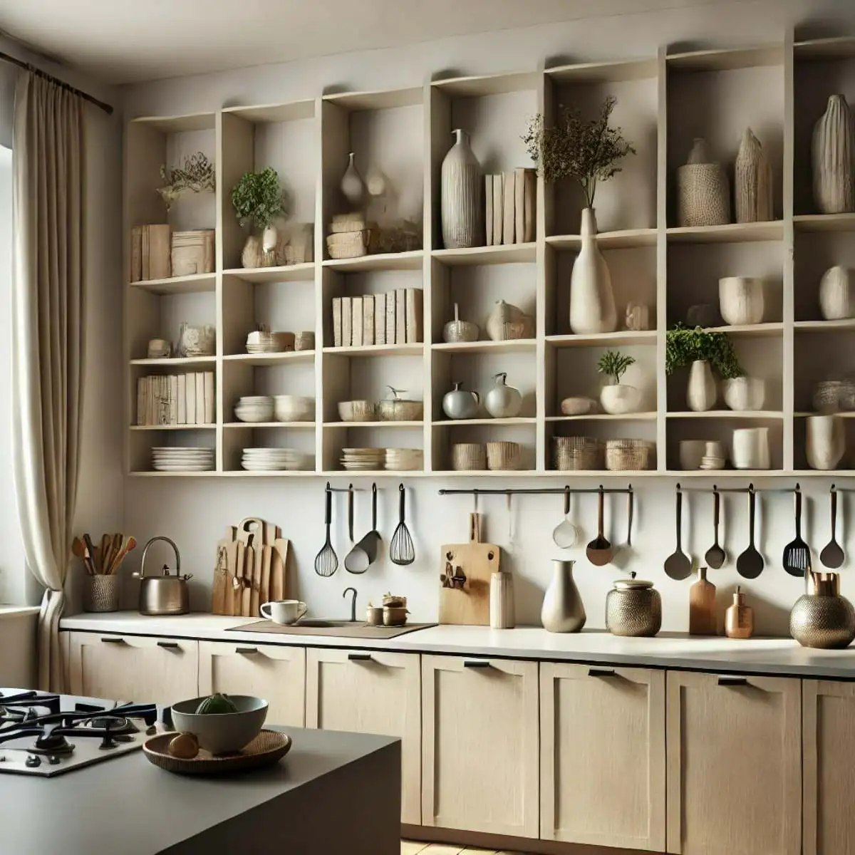 شلف دیواری با رنگ قهوهای روشن و کابینت نئوکلاسیک چوبی