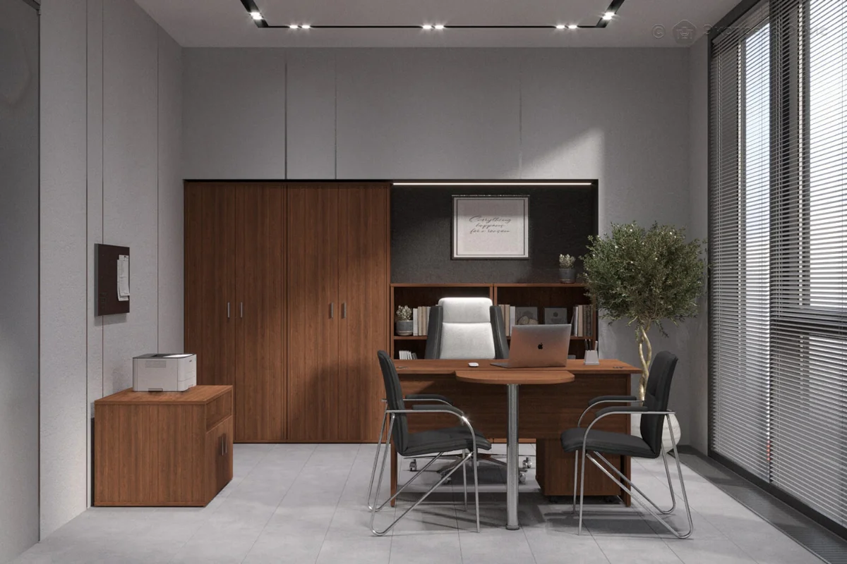 اتاقکار طوسی با کابینت اداری مینیمال دارچینی با ارتفاع کم