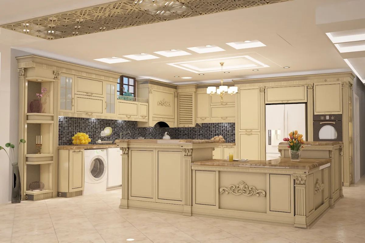 کابینت فیلی رنگ کلاسیک ایرانی به همراه منببکاری روی جزیره، درب، ستون و پاخورها