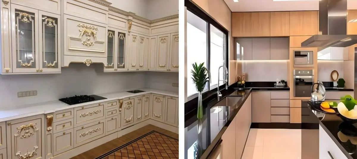 دو عکس از کابینت کلاسیک سفید با درب شیشهای و کابینت مدرن بدون دستگیره به رنگ بژ و قهوهای