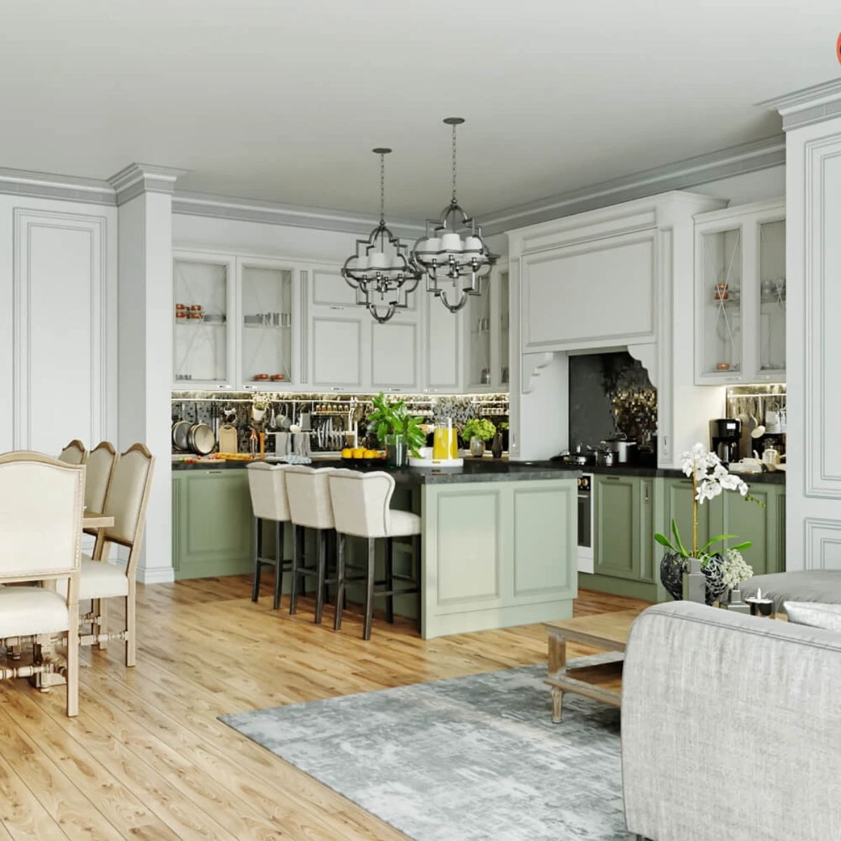 کابینت نئوکلاسیک رنگی جدید با جزیره و کابینت زمینی سبز و کابینت دیواری سفید