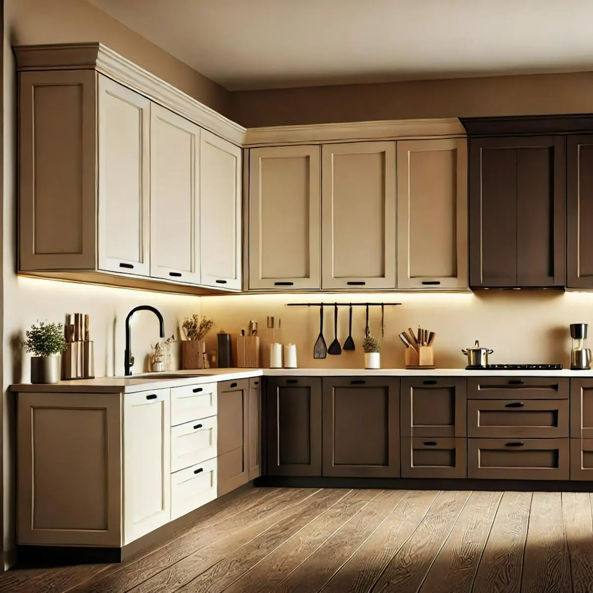 کابینت نئوکلاسیک سفید و کرم و قهوهای با کفپوش چوبی