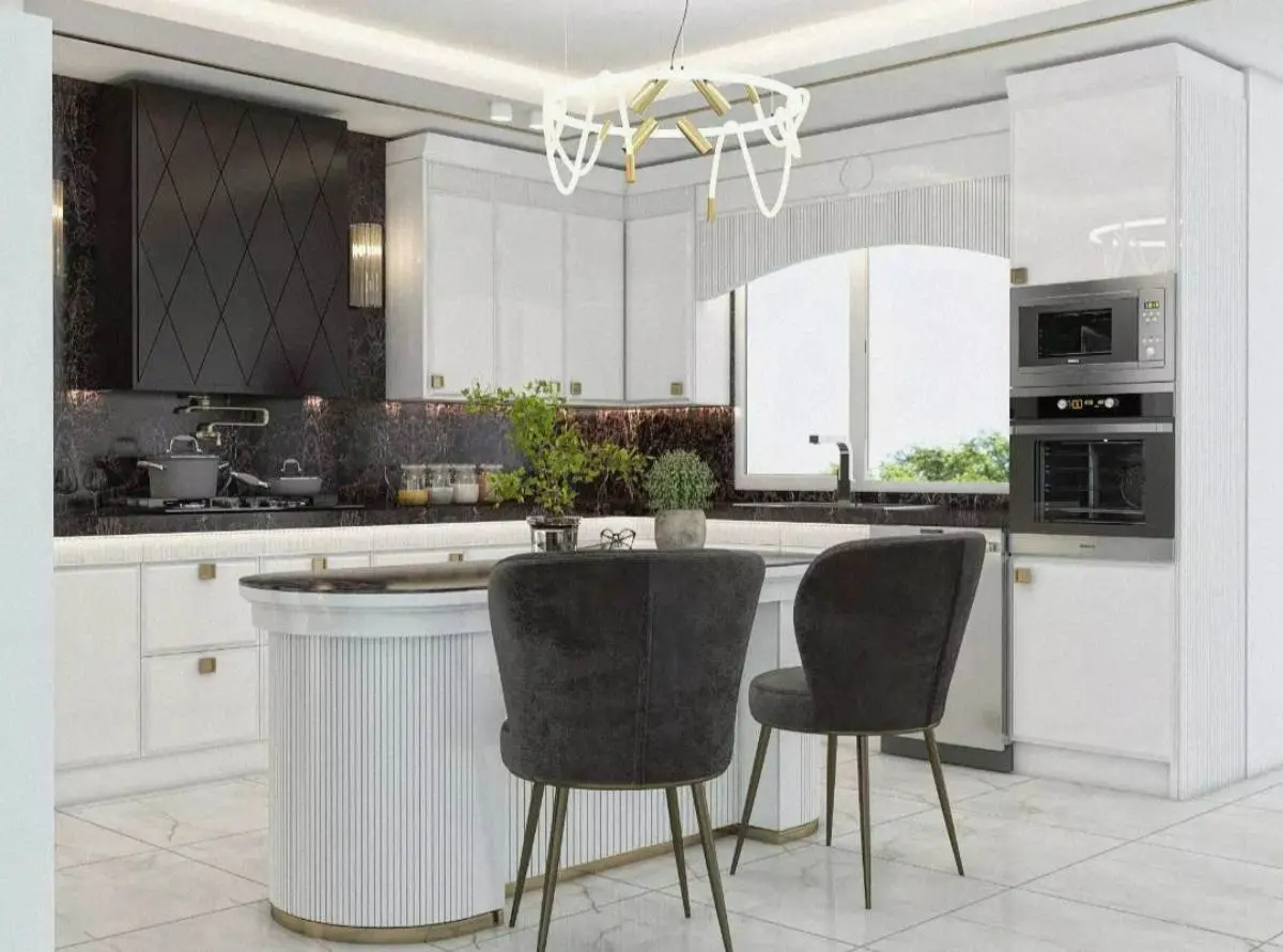 کابینت و جزیره انزو مشکی و سفید با بینکابینتی و صندلی مشکی