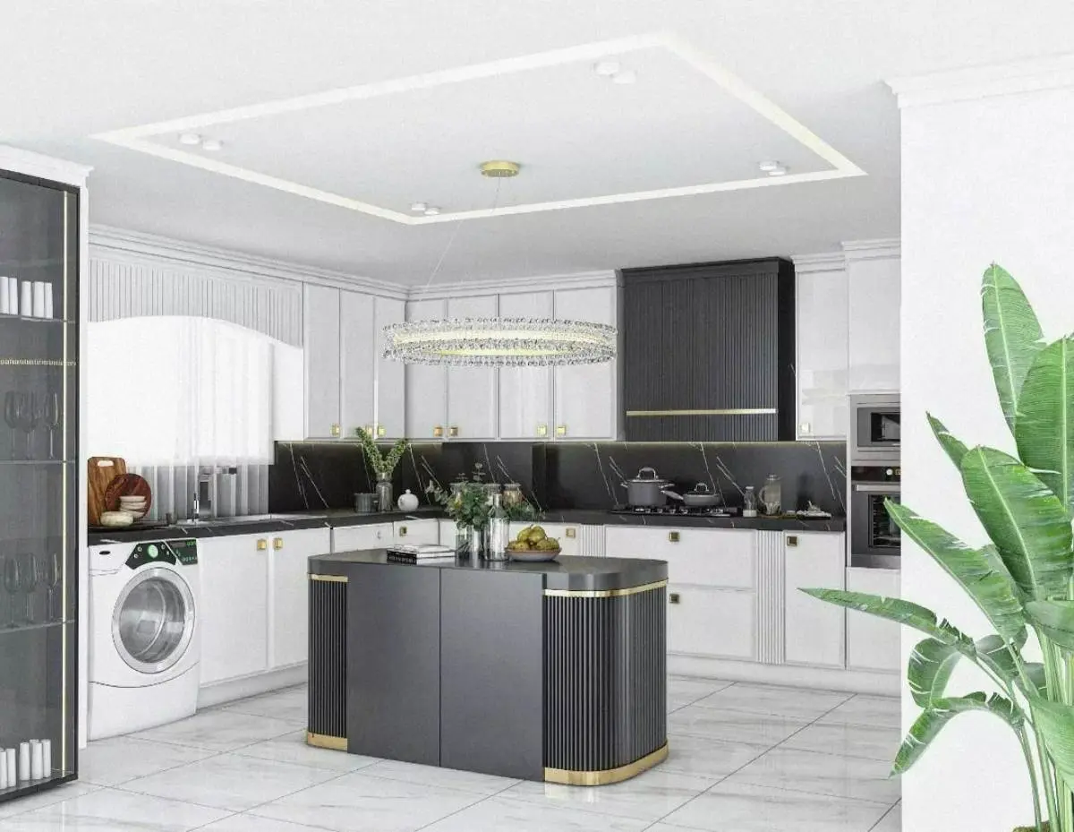 جزیره و کابینت انزو سفید و مشکی با دستگیرههای طلایی در آشپزخانه