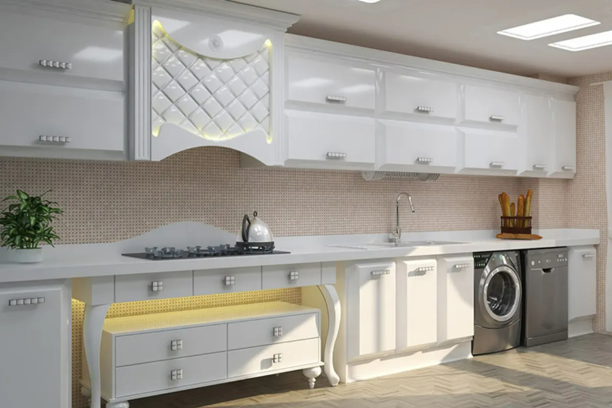 کابینت انزوی سفید با کاورهود کندهکاری شده و صفحه کابینت سفید