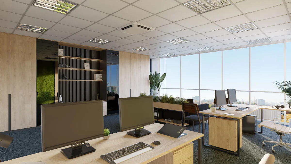 محیط کاری با کابینتهای چوبی مات و دو درب آینهای