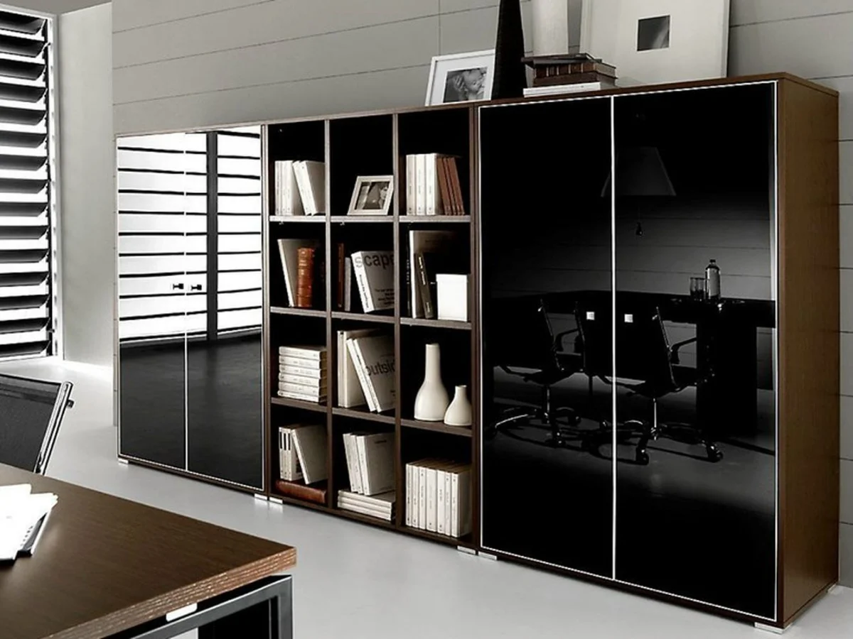 کابینت اداری مینیمال با دربهای مشکی براق و قفسه بدون درب