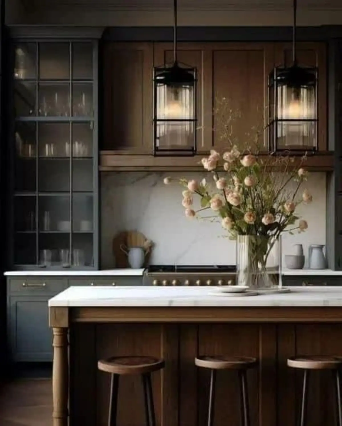 کابینت نئوکلاسیک قهوهای با کابینت ویترینی طوسی