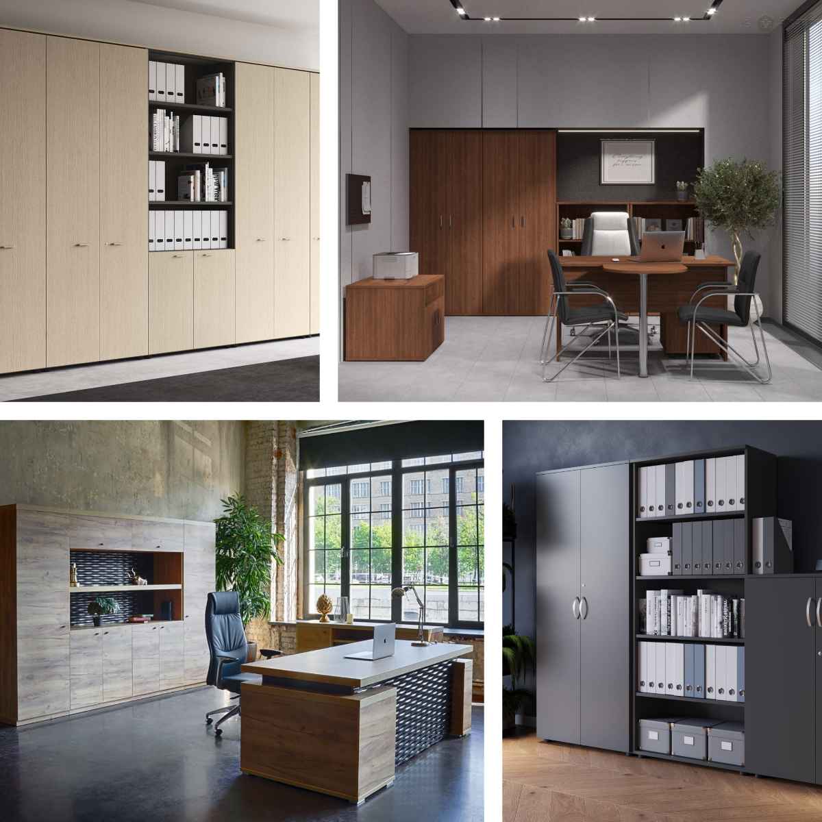 چهار مدل کابینت مینیمال شیک مناسب برای شرکتها و ادارات با رنگهای چوب و طوسی