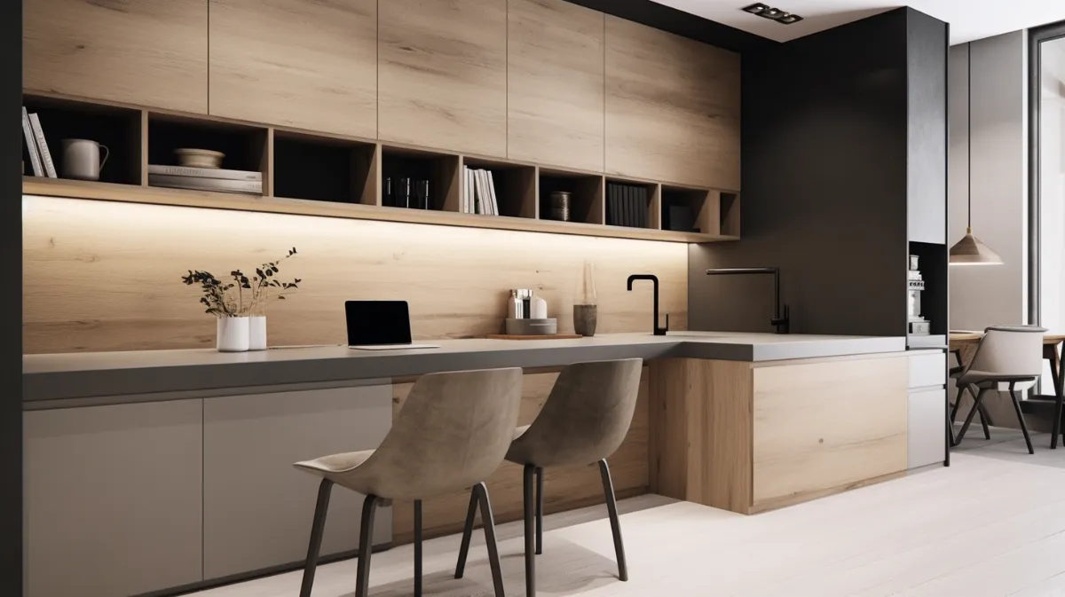 کابینت اداری مینیمال چوبی تا سقف آشپزخانه با یک ردیف باکس چوبی افقی