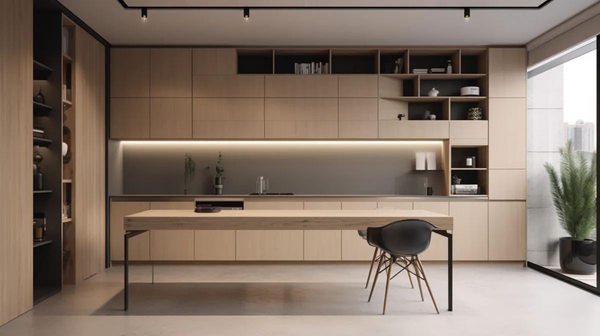 کابینت اداری مینیمال چوبی قهوهای روشن آشپزخانه با قفسه فراوان