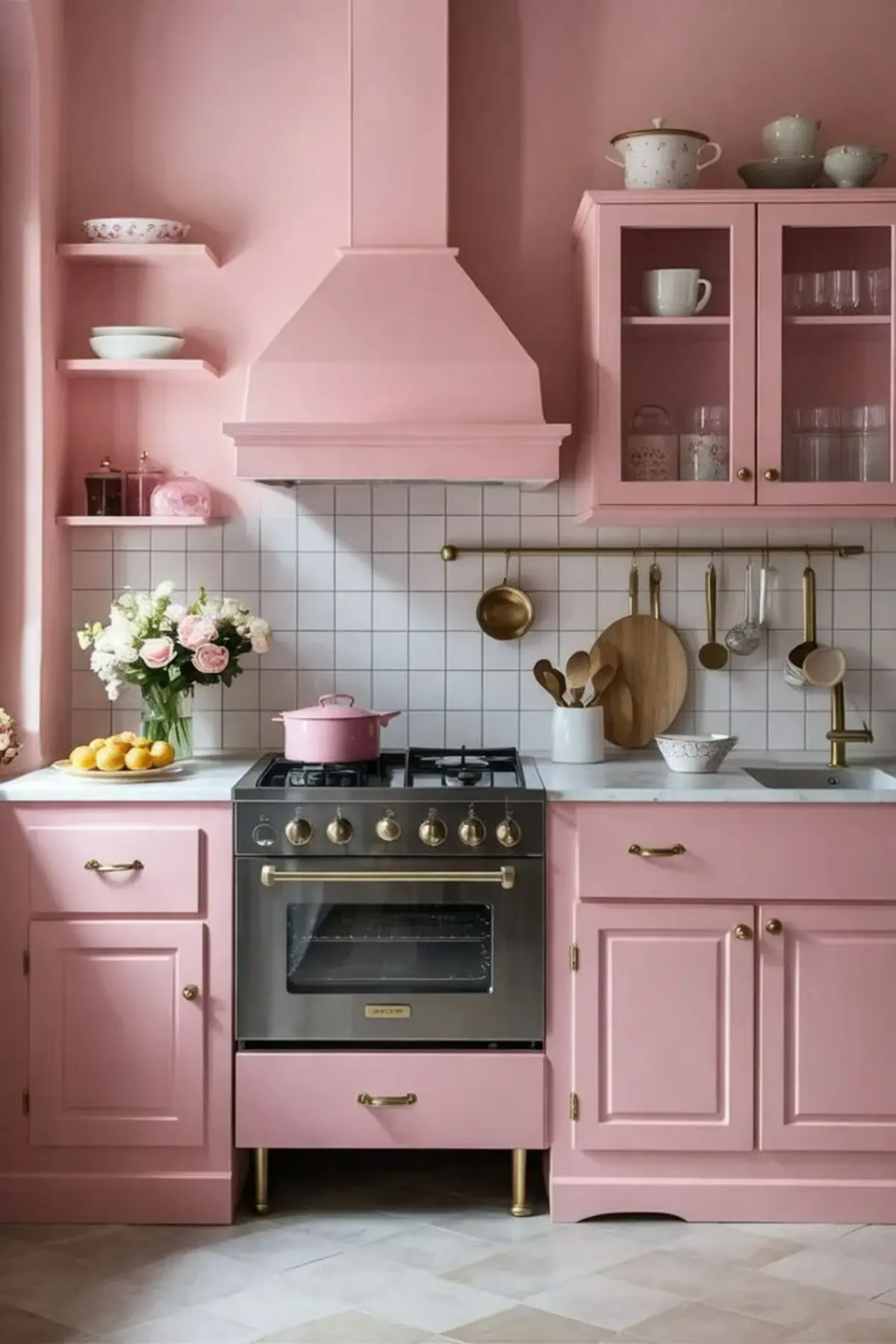 کابینت نئوکلاسیک صورتی با بینکابینتی سفید