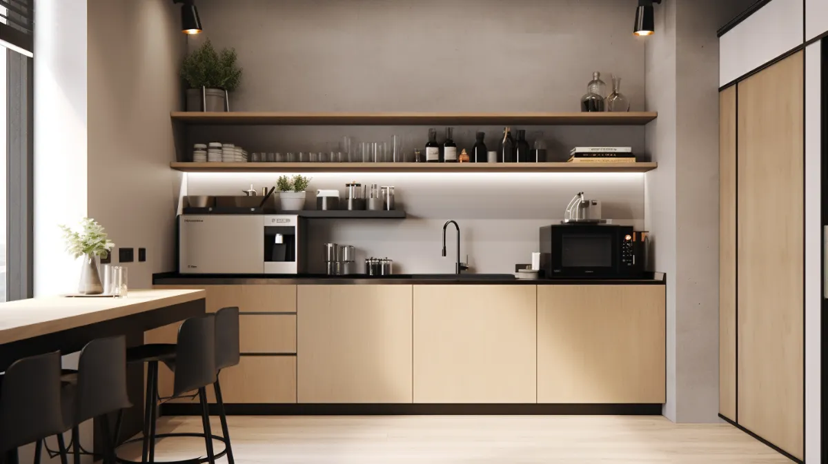کابینت اداری مینیمال آشپزخانه کوچک با دو ردیف شلف چوبی