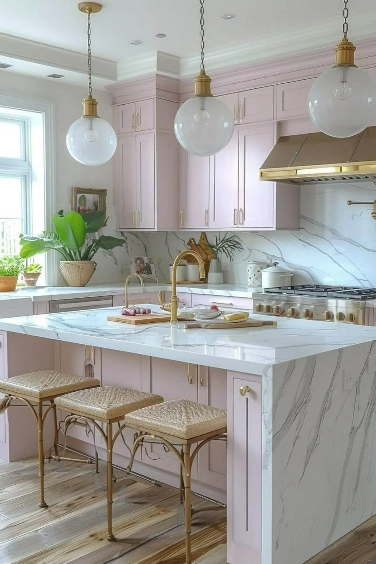 کابینت نئوکلاسیک سفید با جزیره صورتی با دستگیرههای گرد کوچک