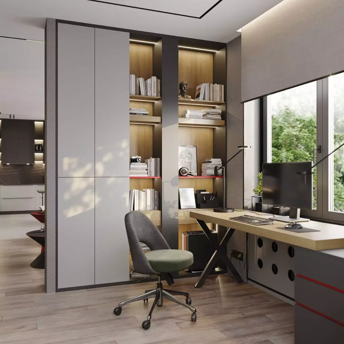 کابینت اداری مینیمال سفید و طوسی با صفحات چوبی در پشت قفسههای چوبی
