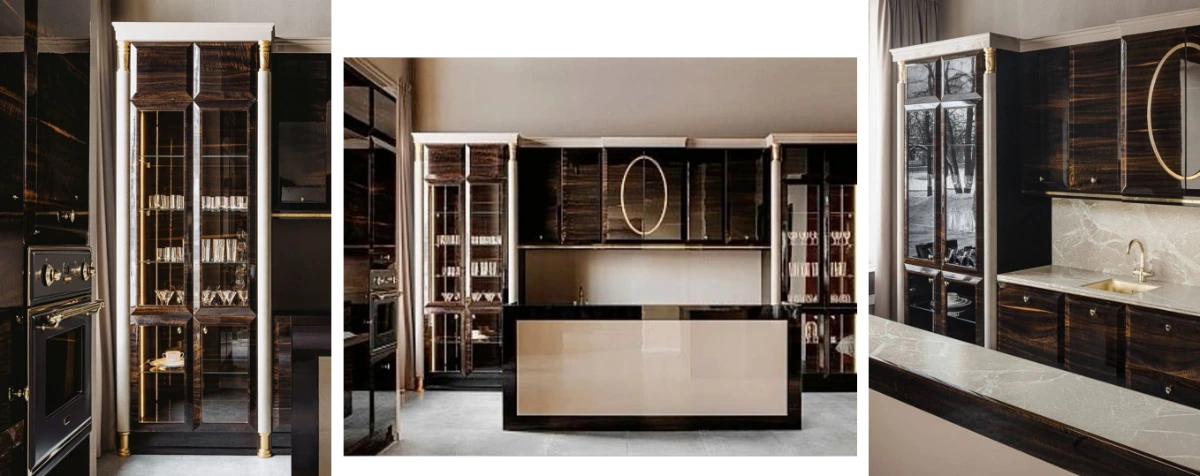 کابینت نئوکلاسیک براق طرح انزو به رنگ قهوه ای دارای جزیره و دکور شیشه ای